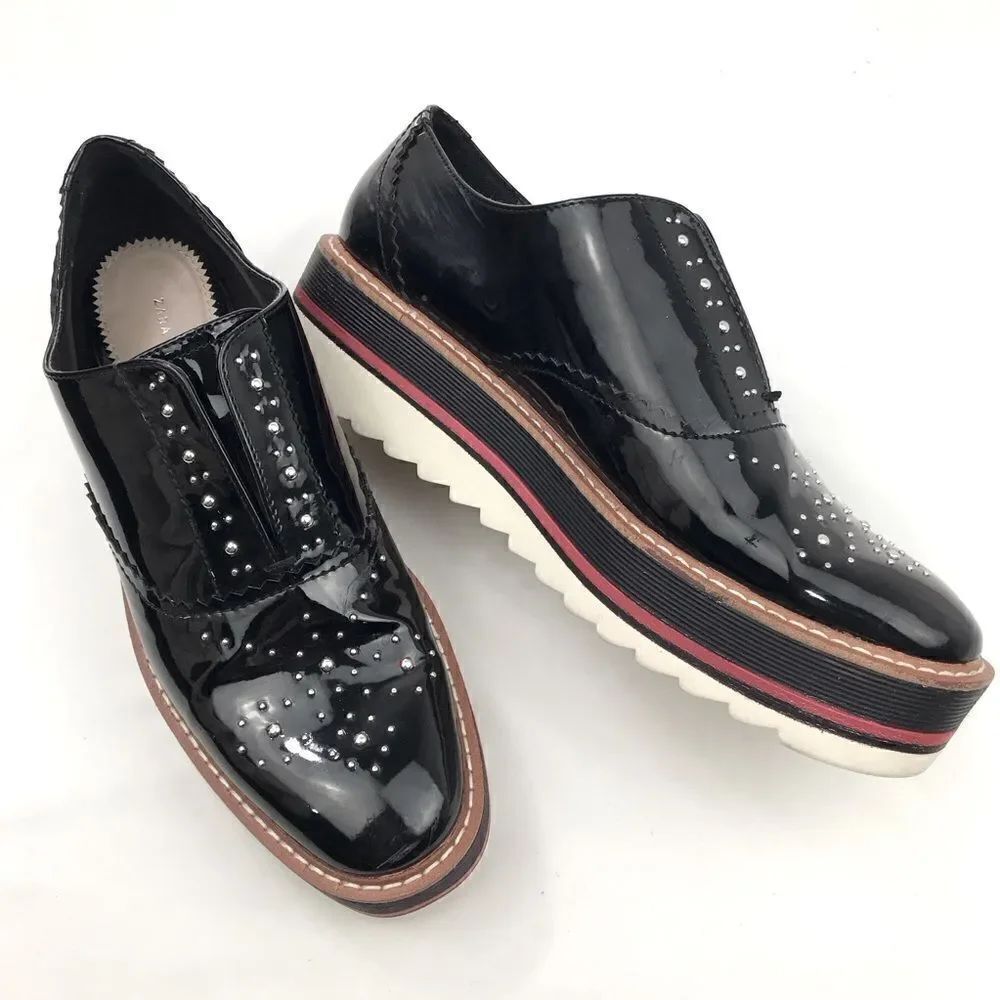 Zara Woman Black Patent Leather Silver Studded Platform Oxford Sneakers
